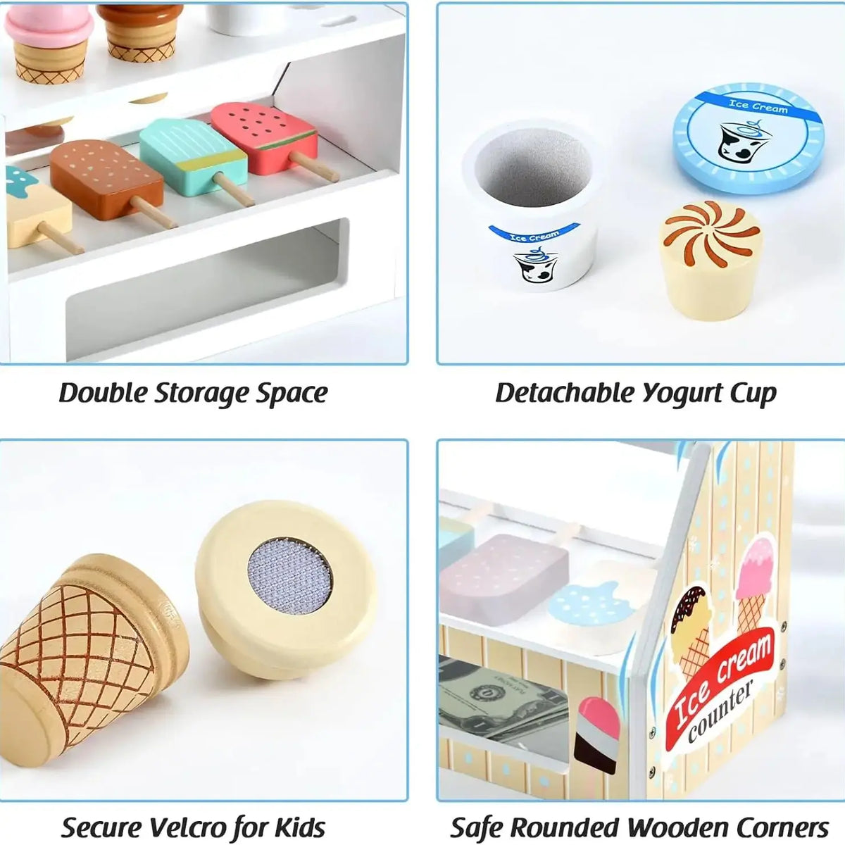 Wooden ice cream counter play set featuring a double storage space, detachable yogurt cup, and safe rounded wooden corners.