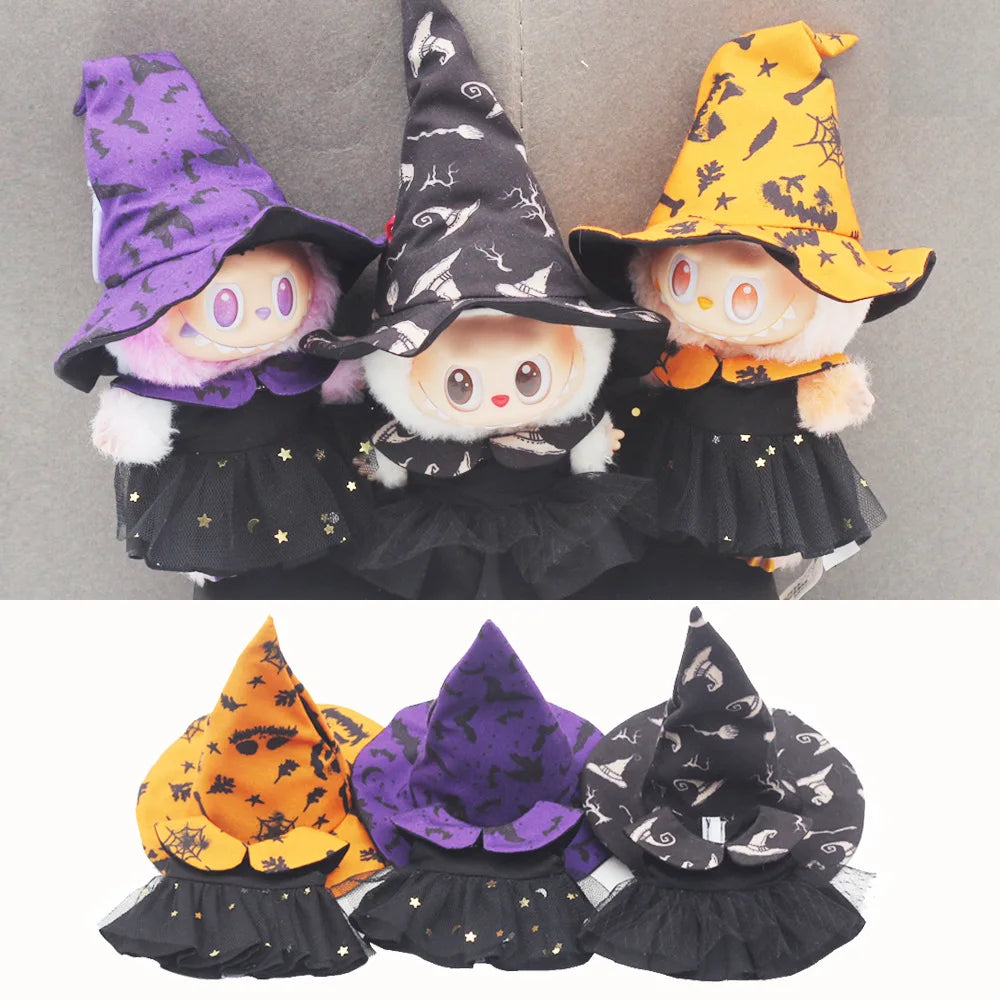 A set of three Halloween pumpkin costumes for 17cm dolls featuring purple, black, and yellow witch hats.