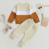 Toddler boys color block sweatshirt and pants set featuring mustard yellow, white, and burnt orange tones.