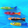 A set of four colorful diving torpedo pool toys for kids, featuring numbers 25, 27, 22, and 11.