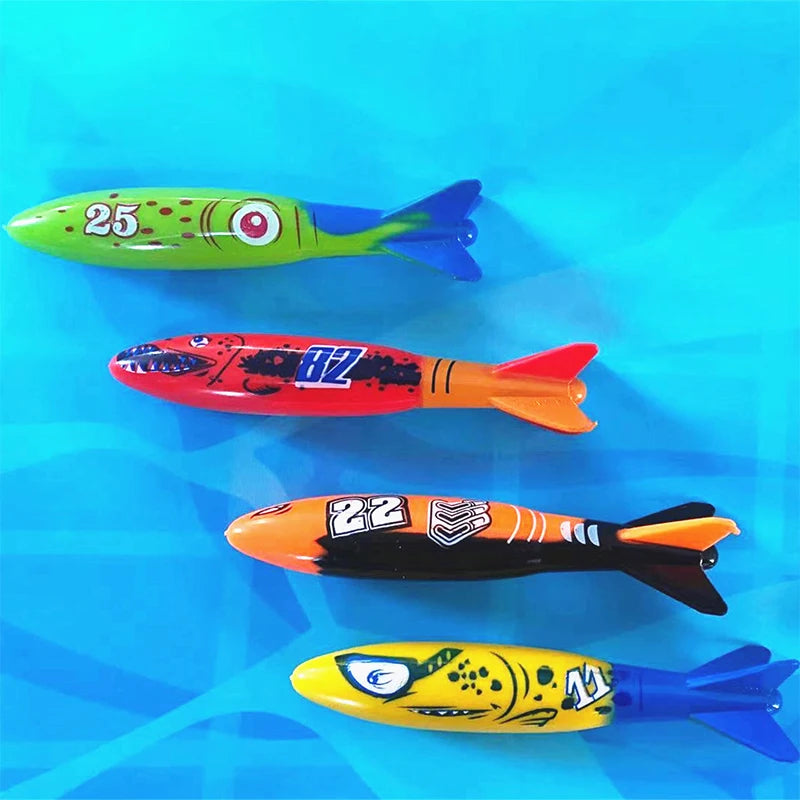 A set of four colorful diving torpedo pool toys for kids, featuring numbers 25, 27, 22, and 11.