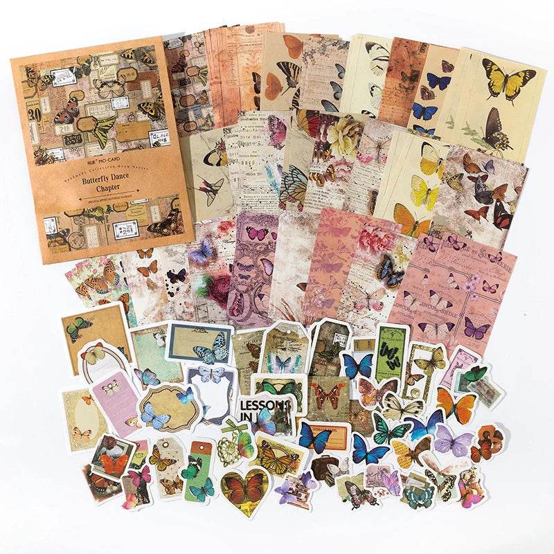 A collection of vintage stickers and paper cards featuring butterflies, insects, and floral designs for crafting.