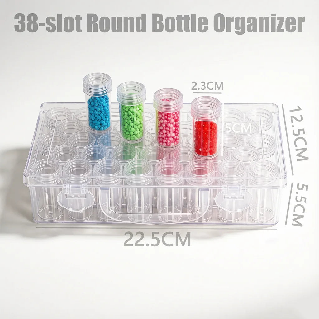 A clear plastic bottle organizer with 38 slots holds colored dot pens for diamond painting.