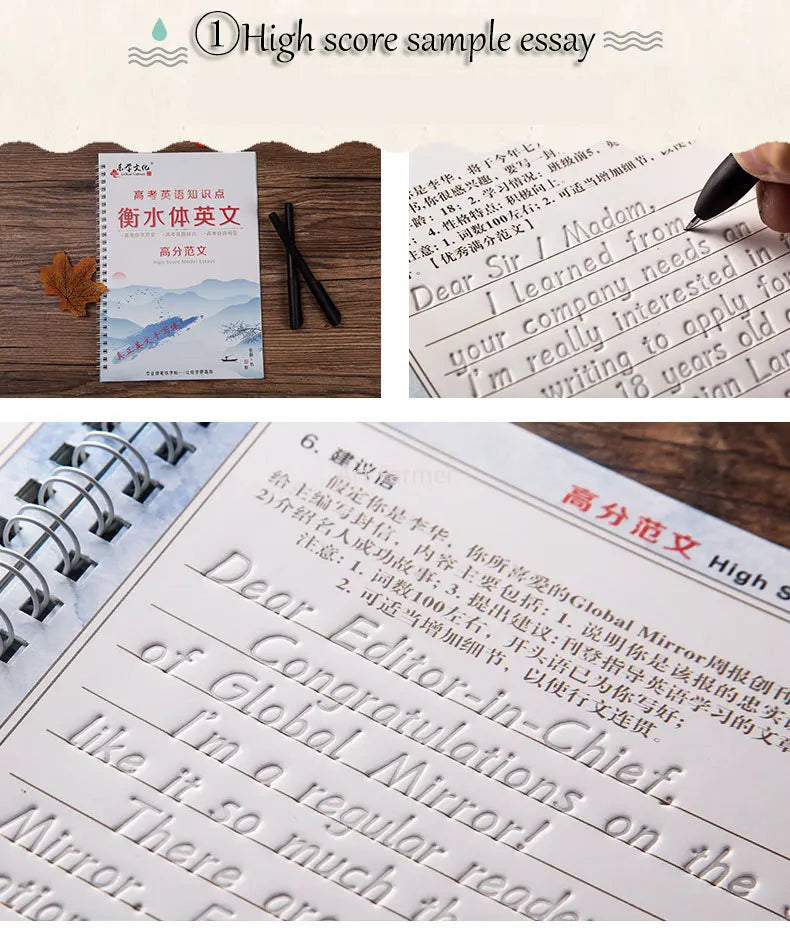 A set of three reusable English italic handwriting practice copybooks shown next to a pen and a sample essay.
