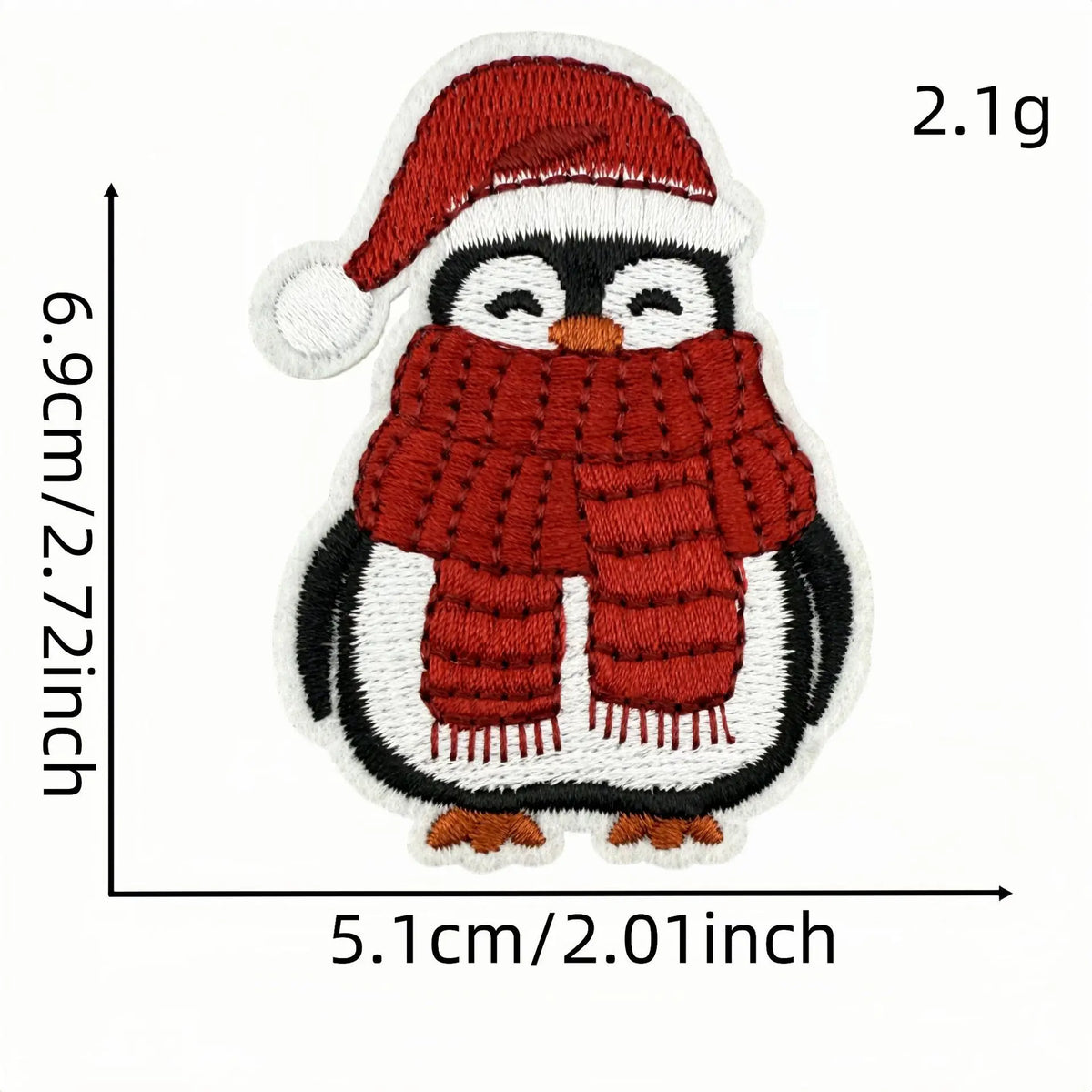 Iron-on patch of a cartoon penguin wearing a red scarf and a Santa hat