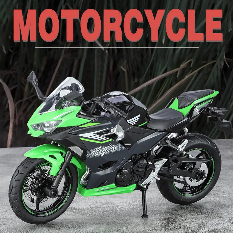 A black and lime green 1:12 scale Ninja motorcycle diecast model with lights and sound.