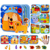 A felt busy book for toddlers showing various hands-on learning activities and animal figures.