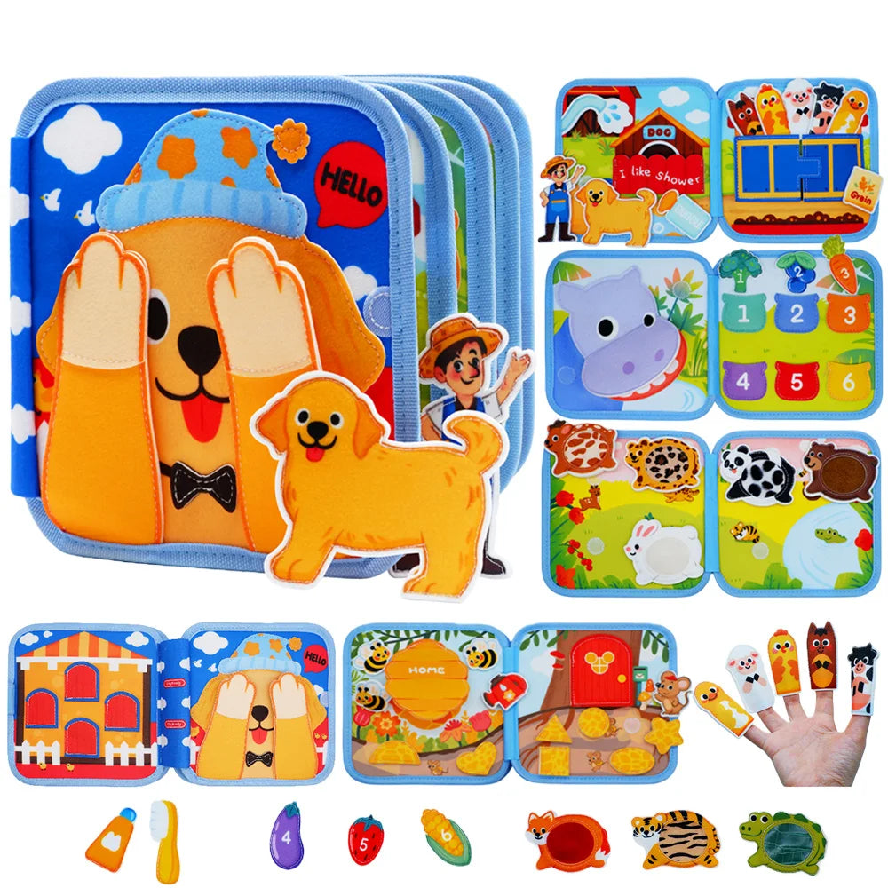 A felt busy book for toddlers showing various hands-on learning activities and animal figures.