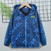 Blue waterproof kids winter jacket with a hood displayed on a hanger against a wire grid background.