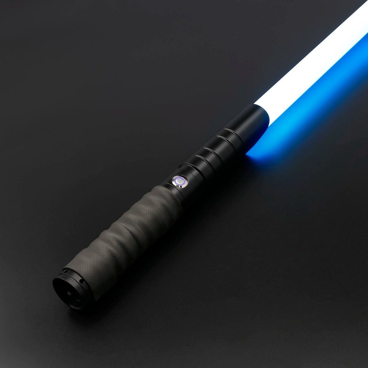 A black lightsaber with a glowing blue blade is shown diagonally on a dark surface.