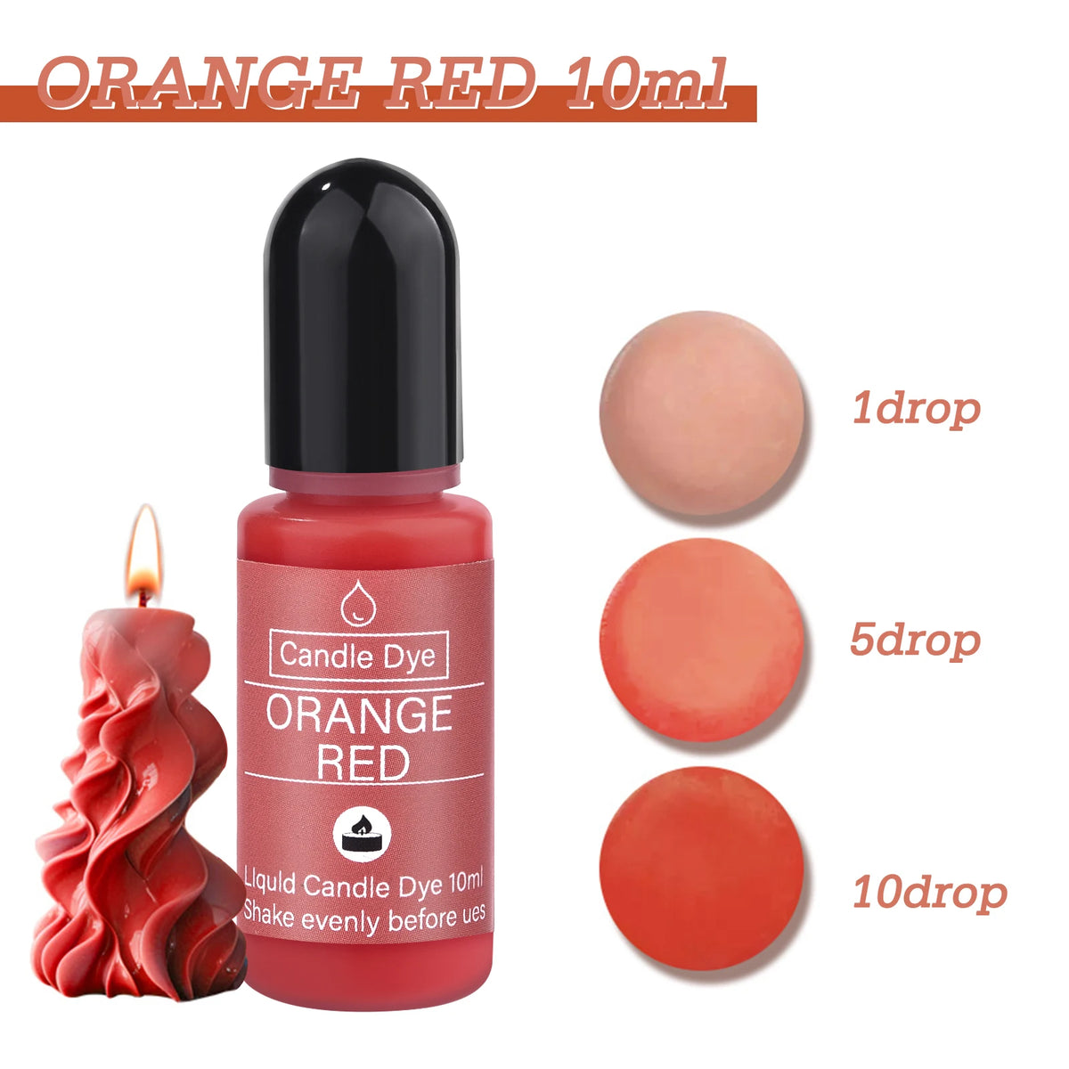 A bottle of Orange Red liquid candle dye with dropper, showing 1, 5, and 10 drops on separate discs.