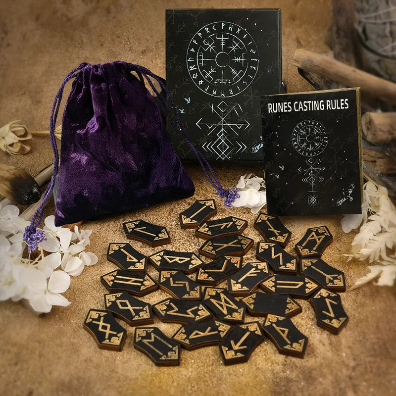 Wooden Rune Stone Set with Guide Book and Velvet Bag