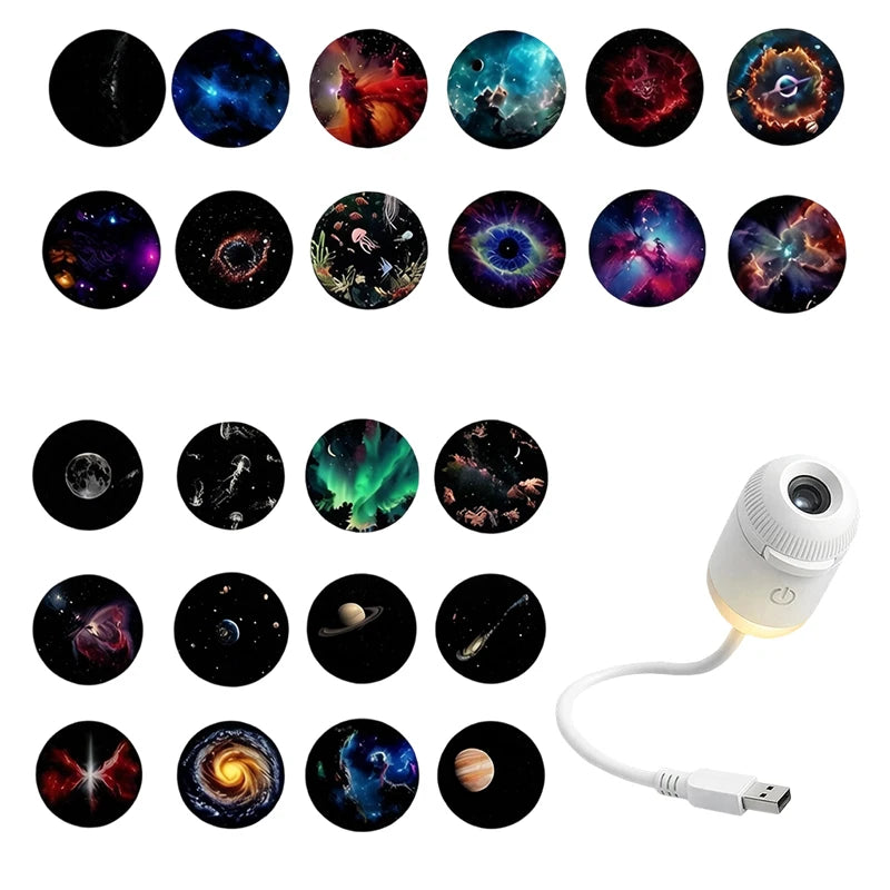 A collection of various star and galaxy images used as interchangeable filters for a 2-in-1 starry sky projector night light.
