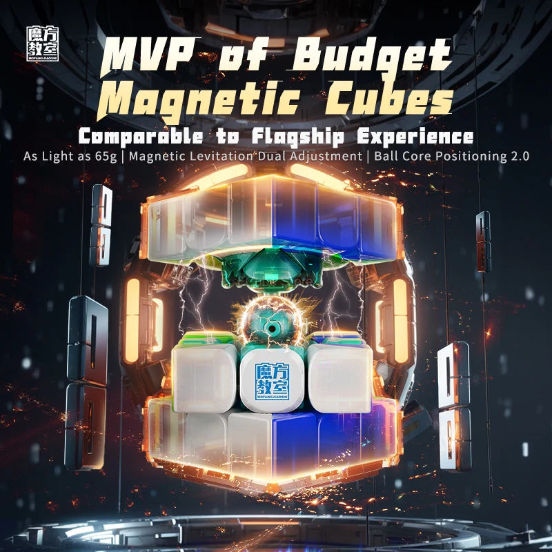 A close-up view of a budget magnetic cube floating in the air, surrounded by glowing light and electric effects.