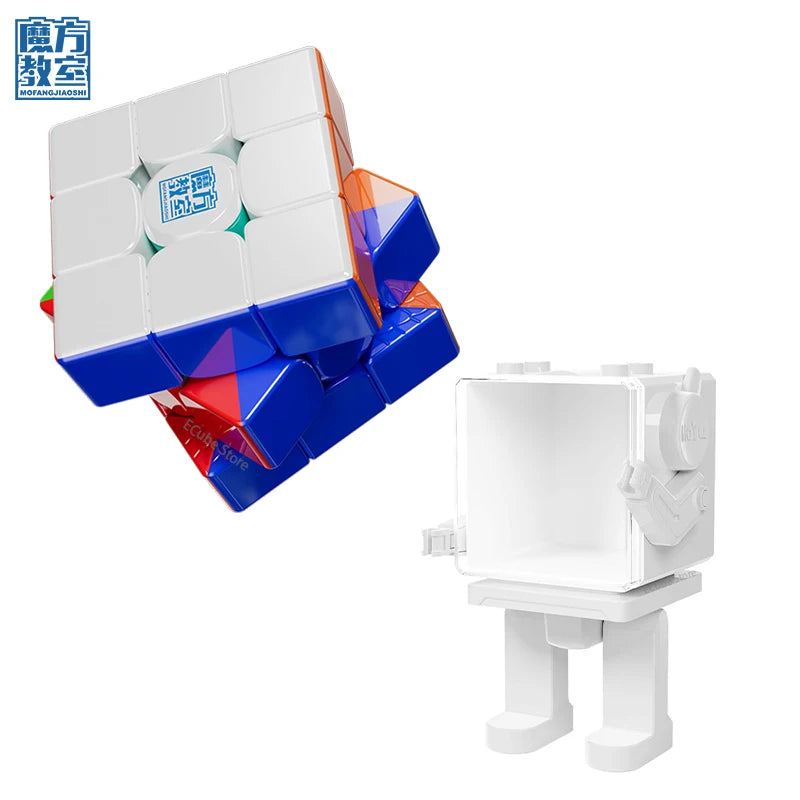 A white and blue magnetic speed cube is shown next to its white stand.