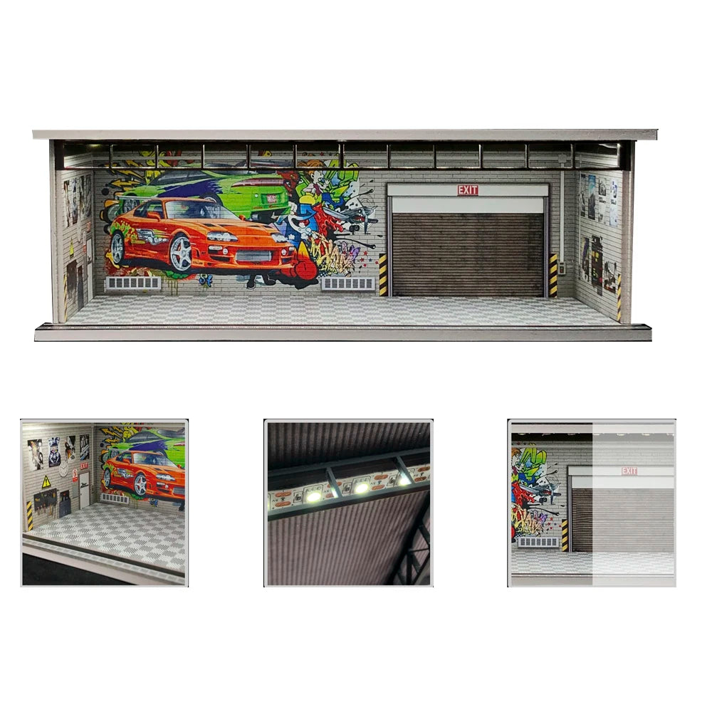 A 1:64 scale LED miniature car garage diorama featuring a red sports car parked inside.