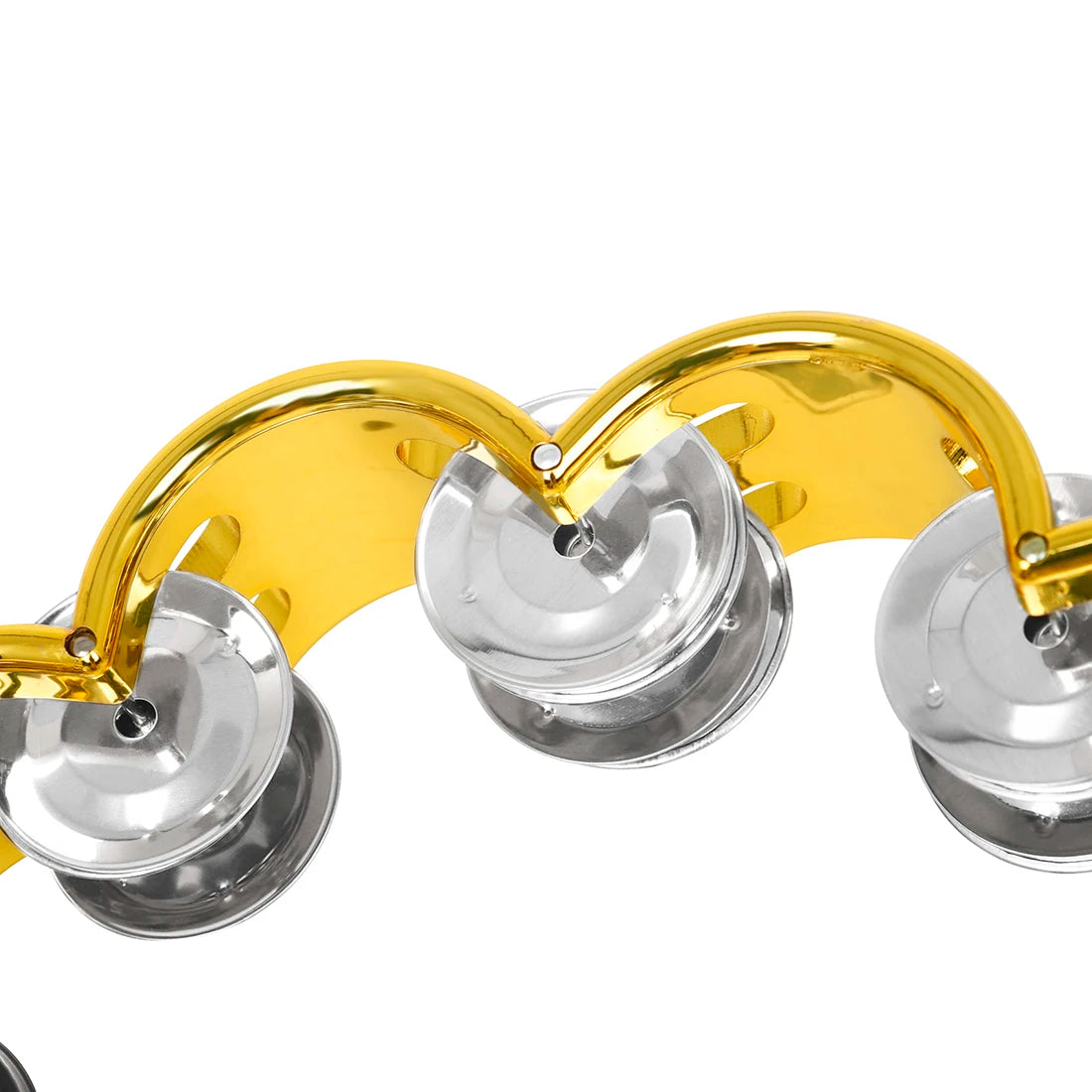 A colorful double-layer tambourine with metal bells, featuring gold and silver components.