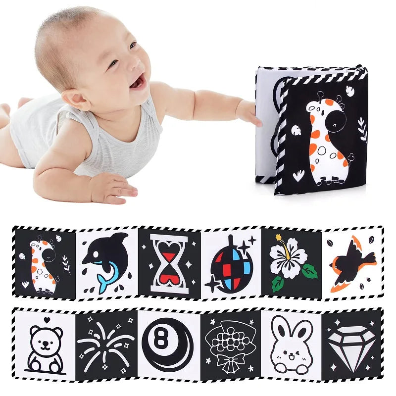 A baby is shown next to a set of black and white sensory cloth book pages featuring various animal and object illustrations.