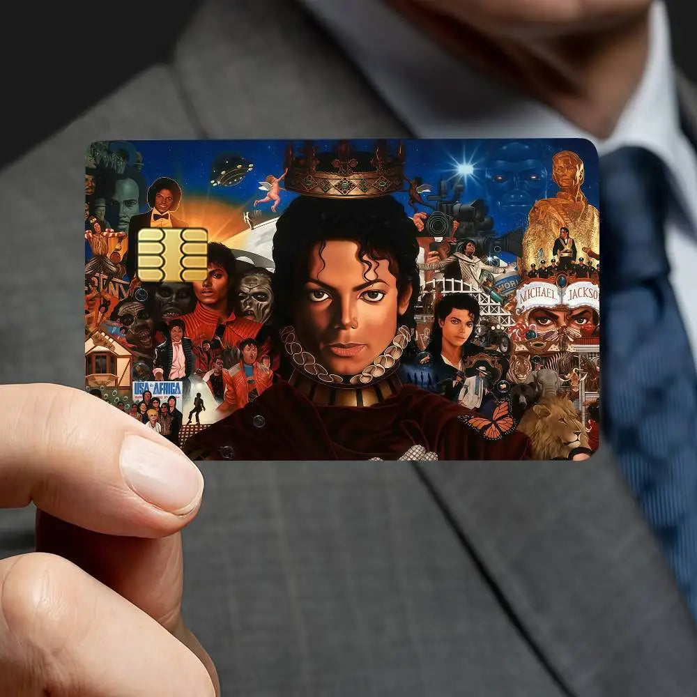 A credit card featuring a decorative sticker set with images of Michael Jackson and other figures.