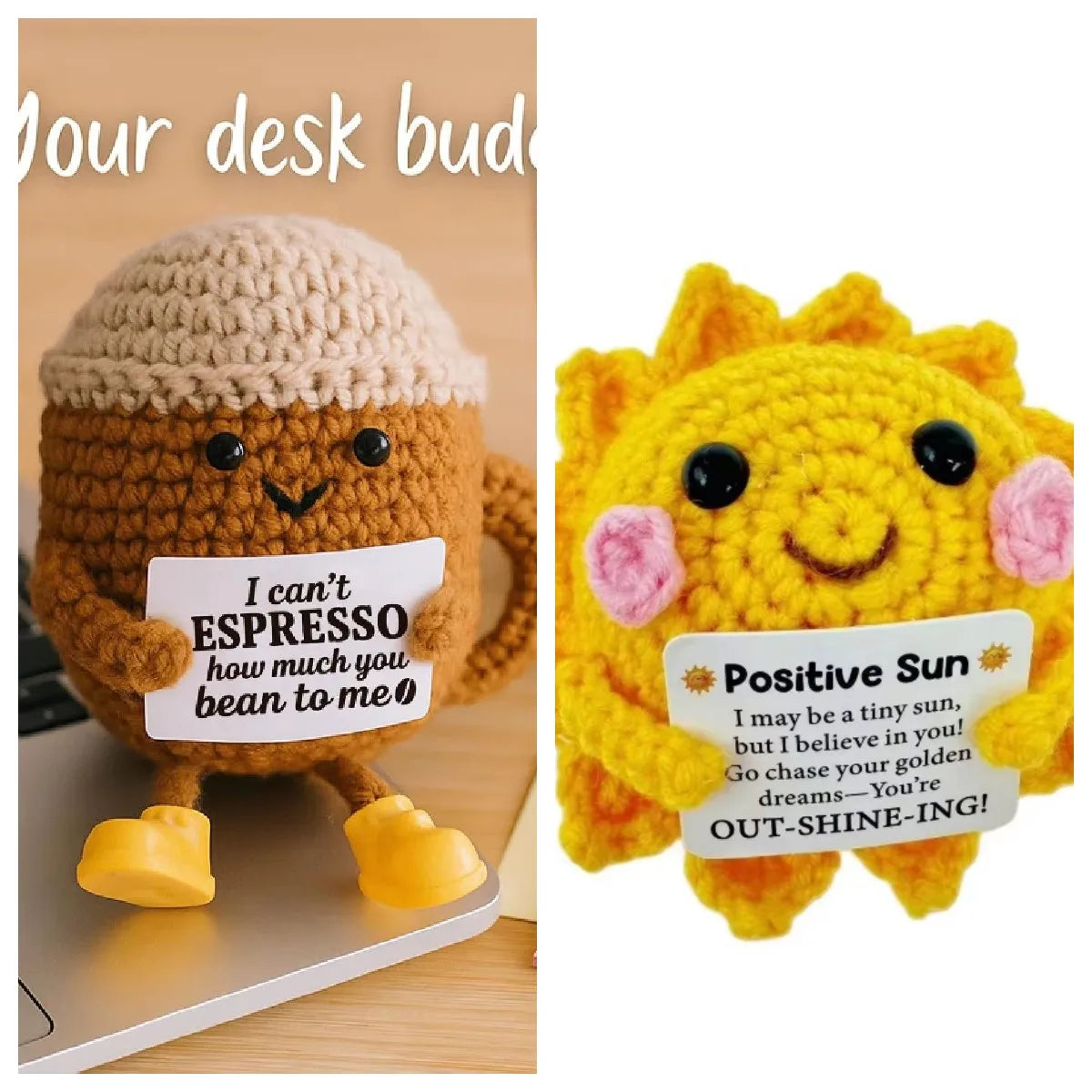Handmade Knitted Coffee Doll with Card – Funny Crochet Desk Decor