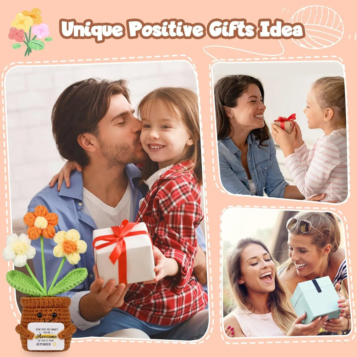 A man and a girl sharing a kiss while holding a handmade crochet doll with flower accents as a gift idea.