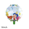 A clear balloon filled with confetti and colorful decorations featuring a circus clown character.