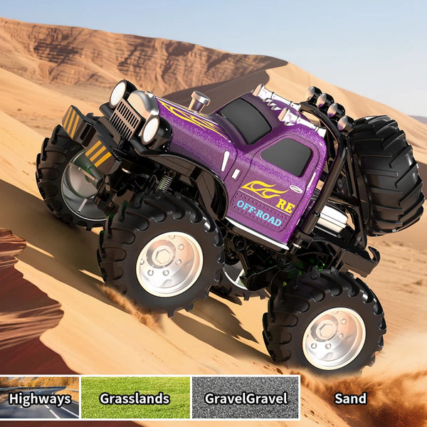 Purple 1:64 scale RC off-road vehicle driving through sand and terrain.