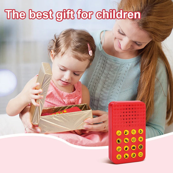 A girl is giving a child a red sound effect music box gift.