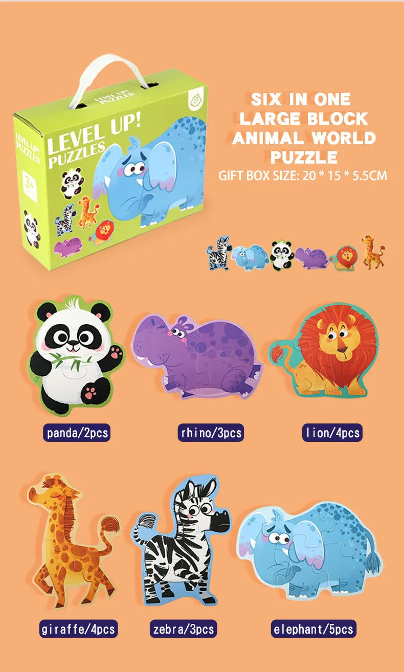 A set of six large block animal puzzles featuring a panda, elephant, lion, giraffe, zebra, and rhino for toddlers.