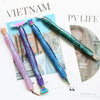 A set of five resin diamond painting pens with interchangeable metal tips and multi-placers displayed on a white background.