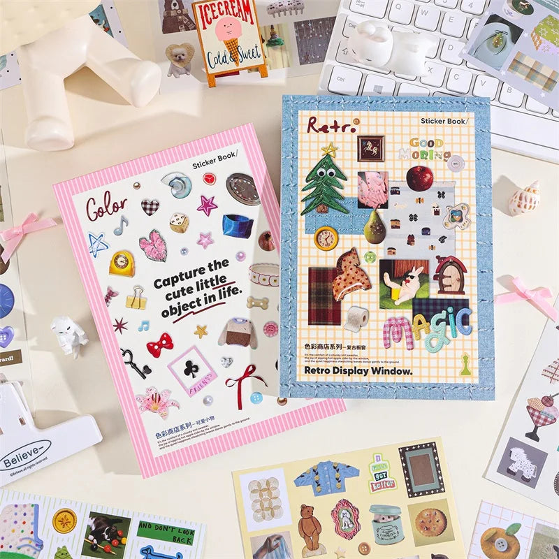 A colorful sticker book featuring retro aesthetic designs and various craft elements.