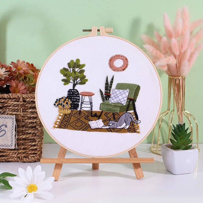 Beginner Embroidery Kit with Floral and Cat Patterns