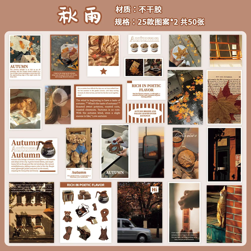 A variety pack of 50 stickers featuring autumn scenery, including leaves, pumpkins, and seasonal elements.
