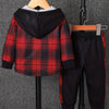 Toddler boys plaid print fleece-lined hooded two-piece set featuring a red and black tartan shirt and matching pants.