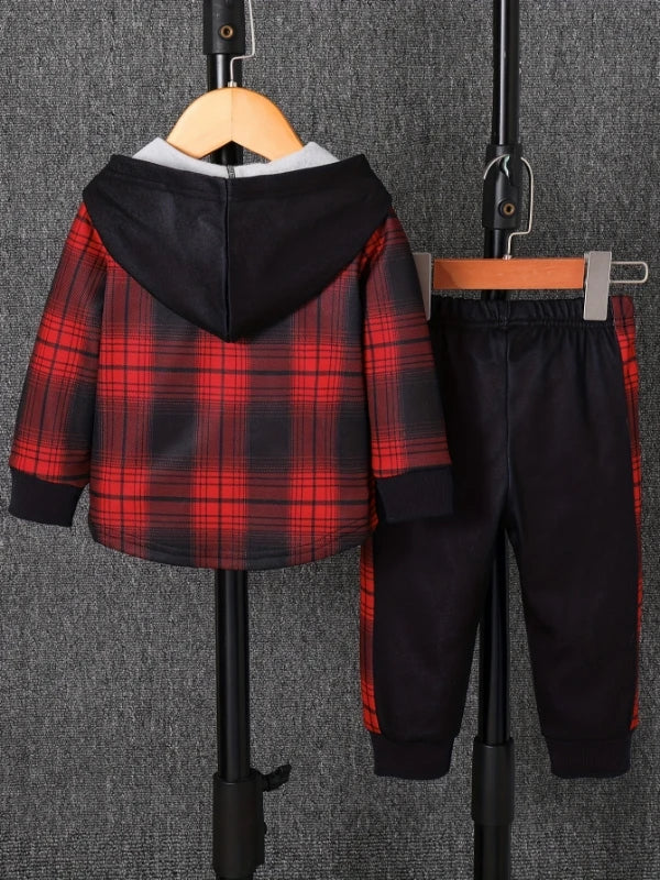 Toddler boys plaid print fleece-lined hooded two-piece set featuring a red and black tartan shirt and matching pants.
