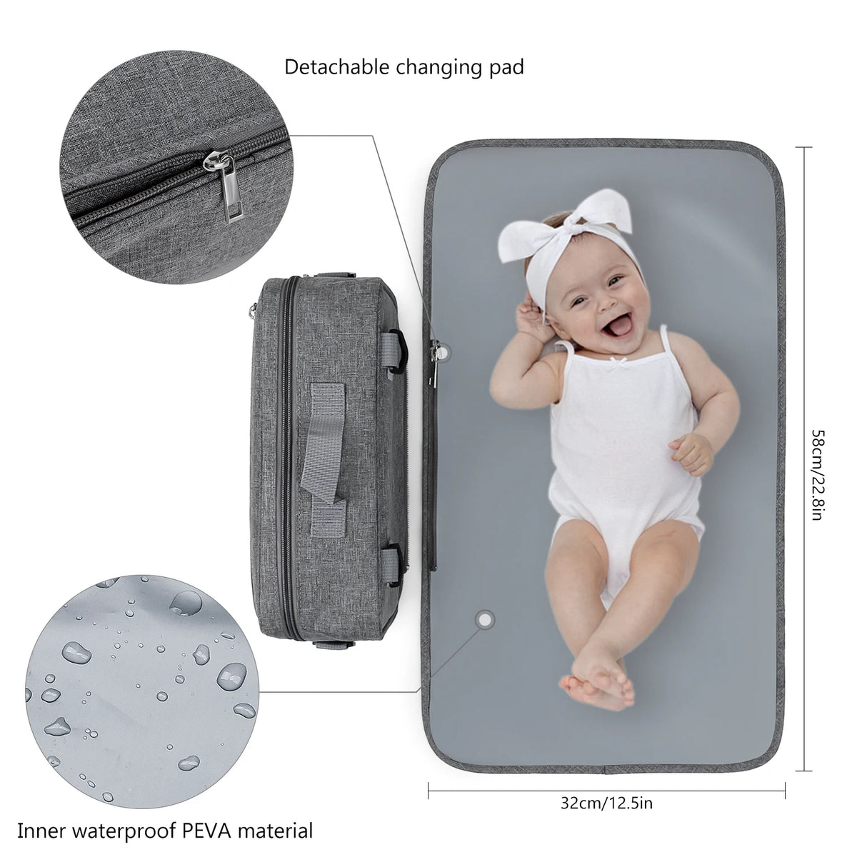 A gray portable diaper bag organizer featuring a detachable changing pad and inner waterproof PEVA material.