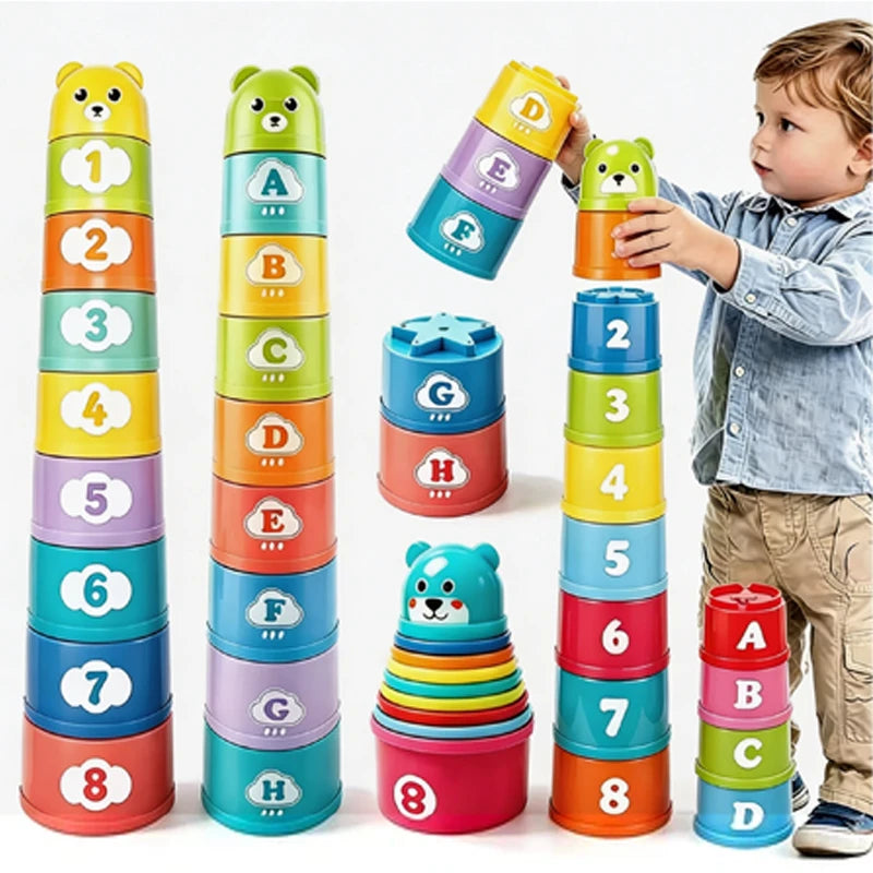 A child is playing with a colorful educational stacking cup game featuring numbers, letters, and shapes.