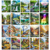 A collection of 12 vibrant forest and landscape scenes suitable for diamond painting, featuring waterfalls, mountains, trees,