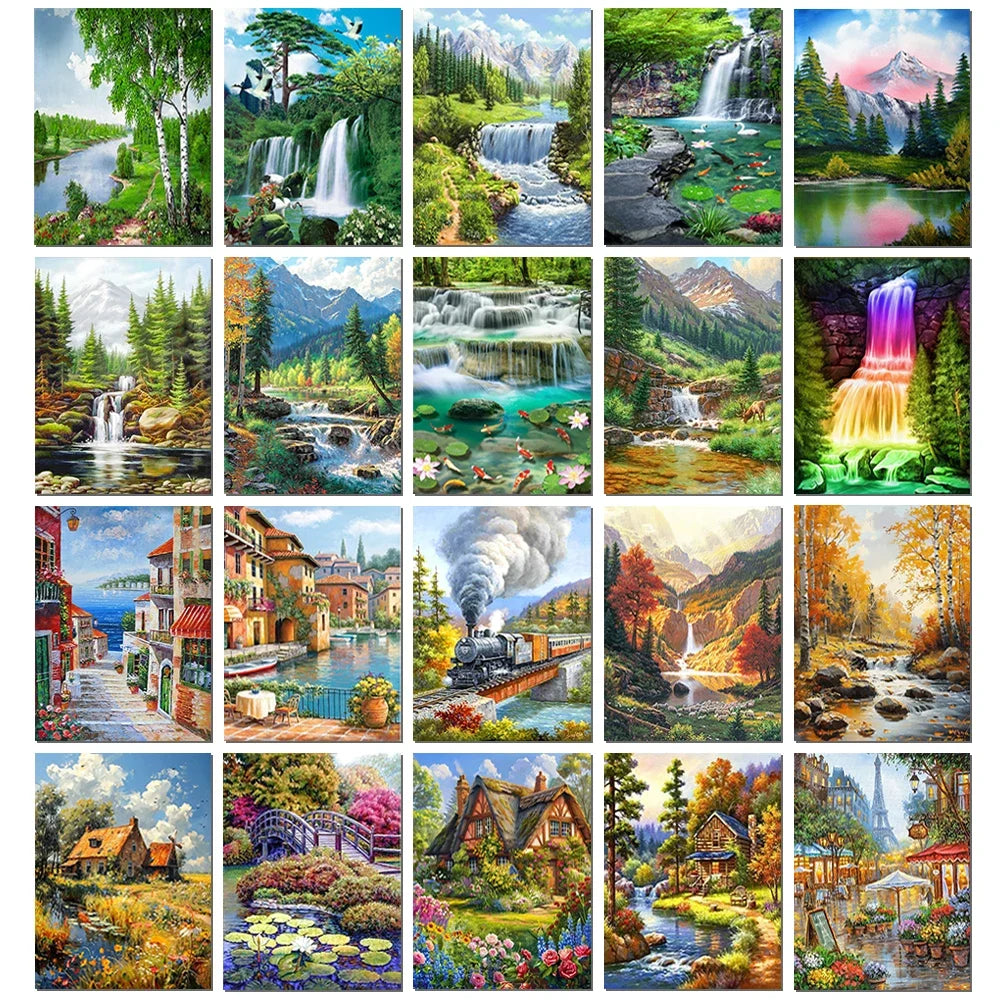 A collection of 12 vibrant forest and landscape scenes suitable for diamond painting, featuring waterfalls, mountains, trees,