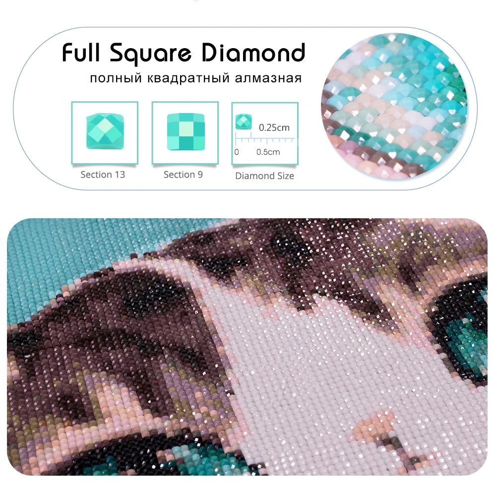 Close-up of a diamond painting featuring a photo, showing various shades of green, pink, and brown.