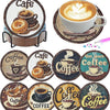 A set of eight DIY diamond art coasters with a holder, featuring various coffee-themed designs.