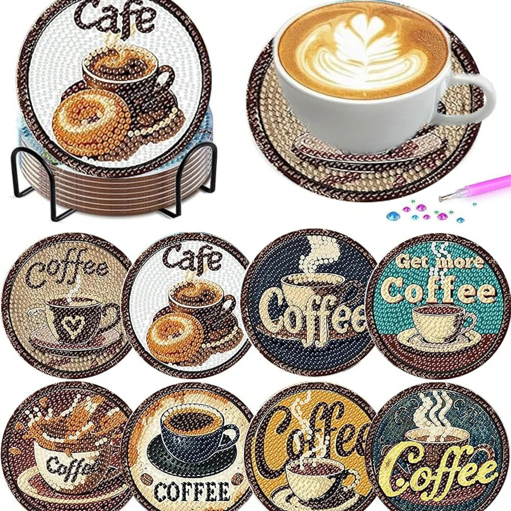 A set of eight DIY diamond art coasters with a holder, featuring various coffee-themed designs.