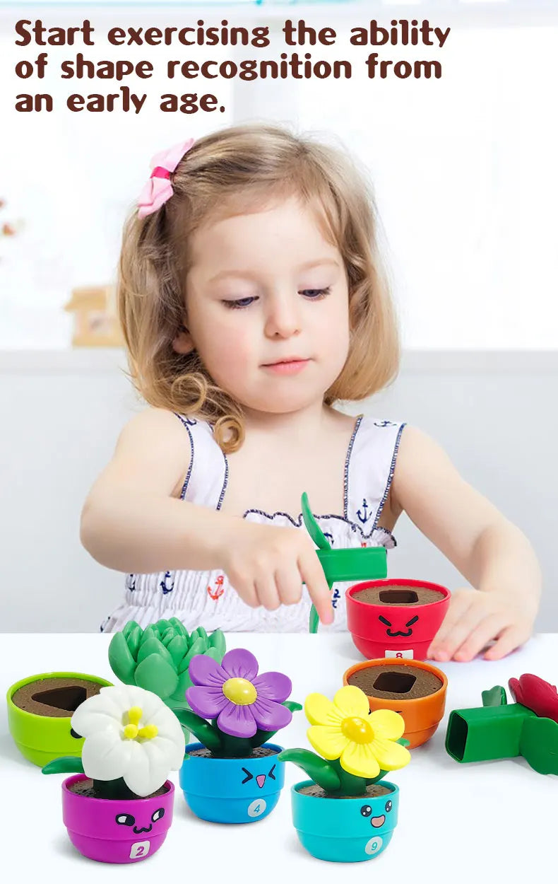A child is interacting with a colorful sorting and stacking toy set featuring various plant-like shapes in different colored 