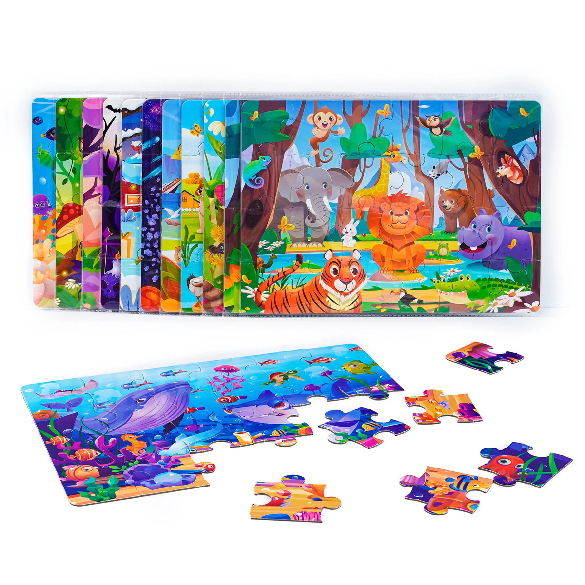 A set of colorful animal cartoon jigsaw puzzles for kids featuring jungle and forest animals.
