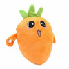 An orange plush toy shaped like a carrot with green leafy top and cute facial features.