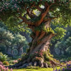 A large, ancient tree with mossy bark and pink blossoms stands over a grassy path in a lush, green landscape.