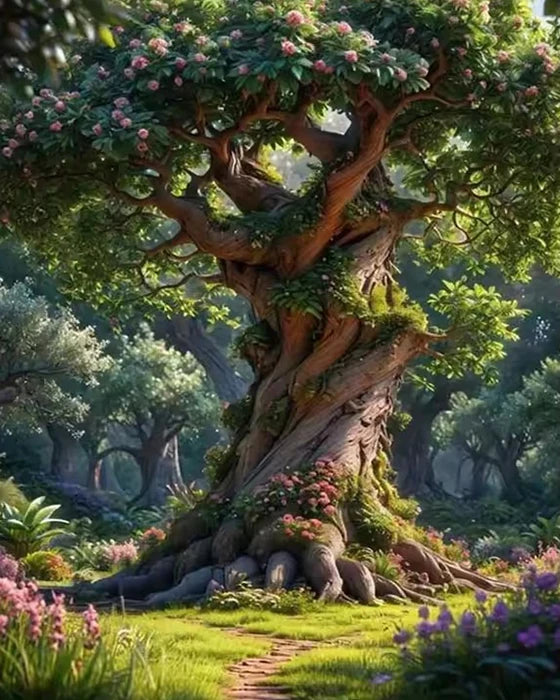 A large, ancient tree with mossy bark and pink blossoms stands over a grassy path in a lush, green landscape.