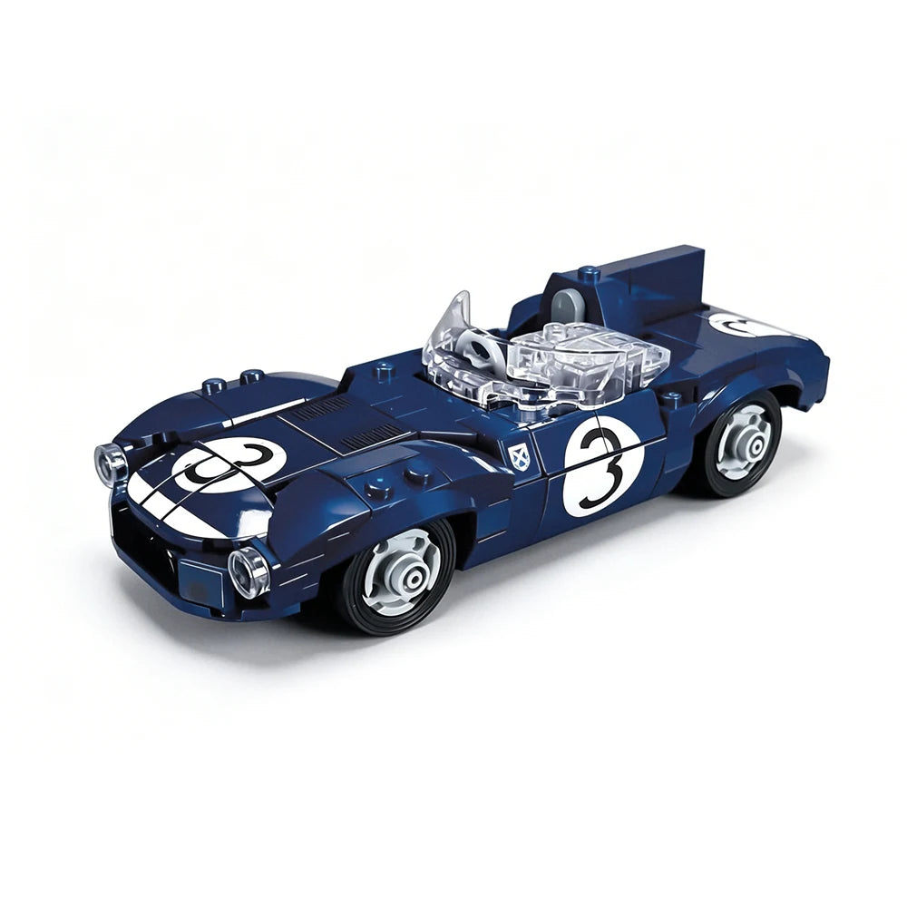 A blue Le Mans race car building block set with clear cockpit details and racing numbers.