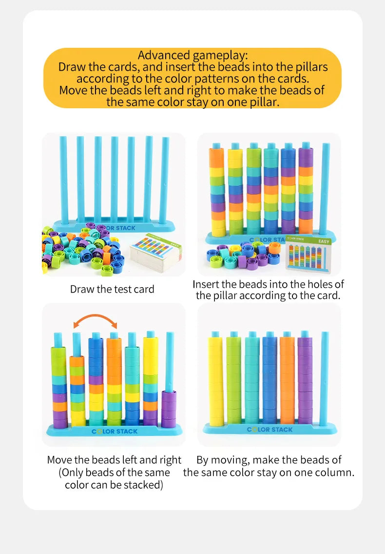 A game demonstrating advanced gameplay where beads are inserted into pillars according to color patterns.