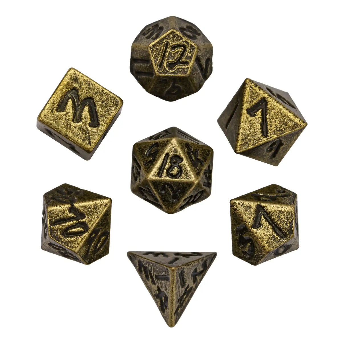 A set of ten brass-colored metal dice, including a dodecahedron and a tetrahedron, displayed against a white background.